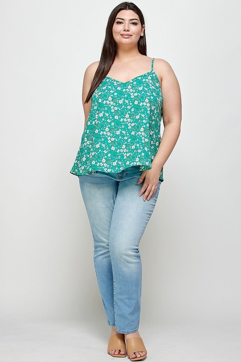 Plus Size Women Green Ditsy Floral Print Cami Sleeveless Top