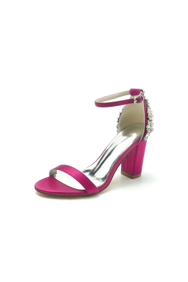 Satin Chunky Heels with Rhinestone