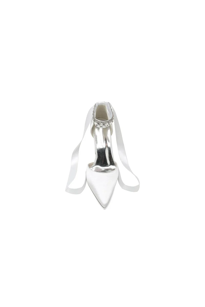 Rhinestone Ribbon Pointed Toe Ankle Strap Chunky Heel