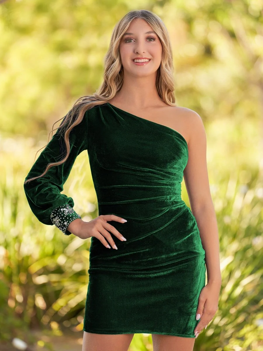 Opal | Navy Blue Sheath One-Shoulder Long Sleeve Homecoming Dress