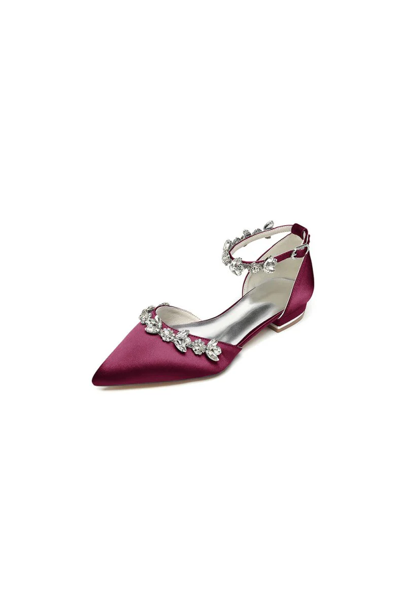 Pointed Toe Rhinestone Beaded Ankle Strap Kitten Heels