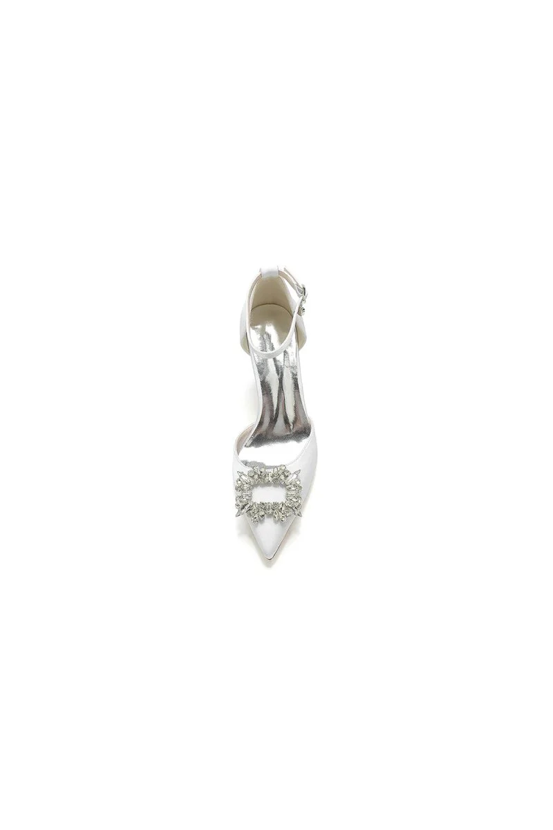 Rhinestone Pointed Toe Ankle Strap Buckle Chunky Heel