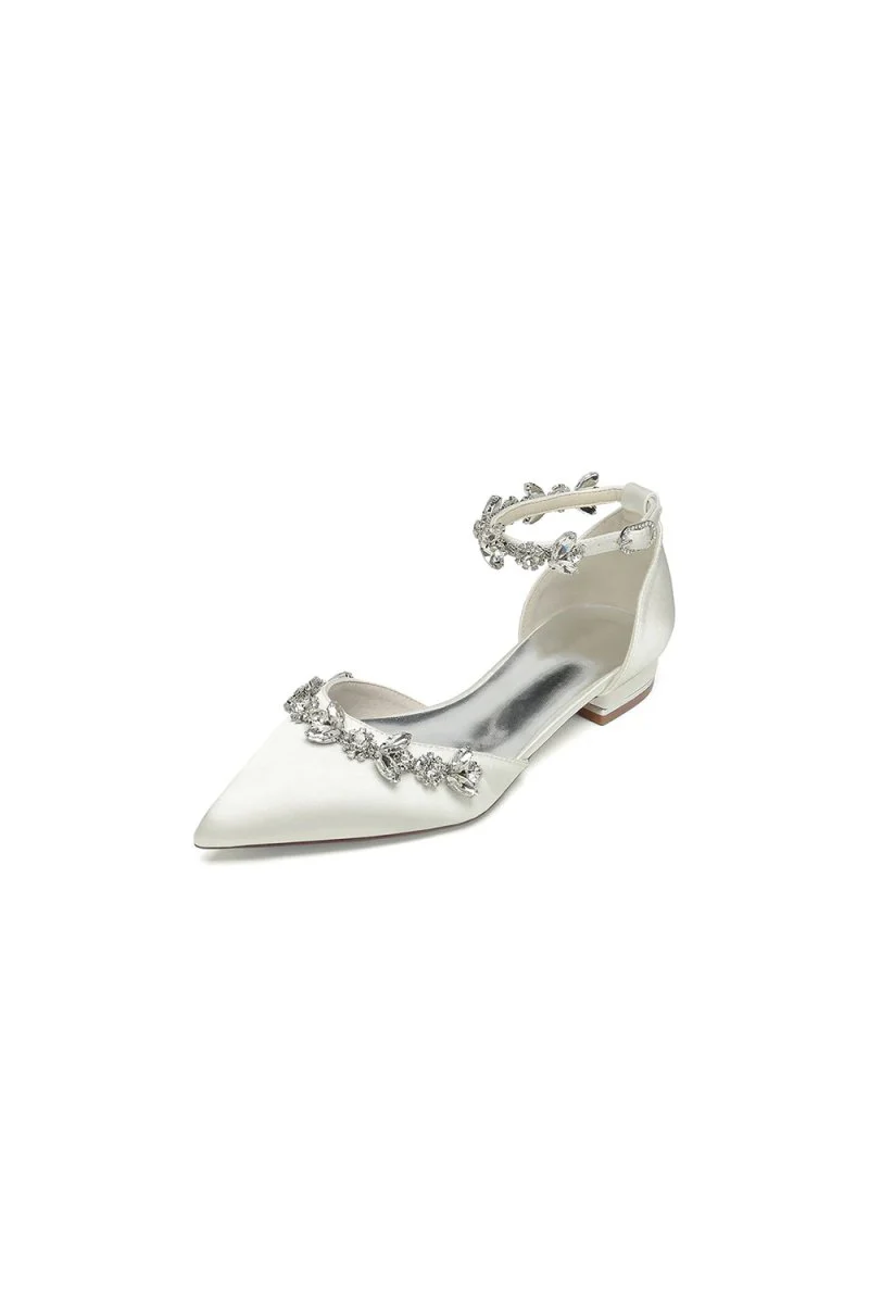Pointed Toe Rhinestone Beaded Ankle Strap Kitten Heels
