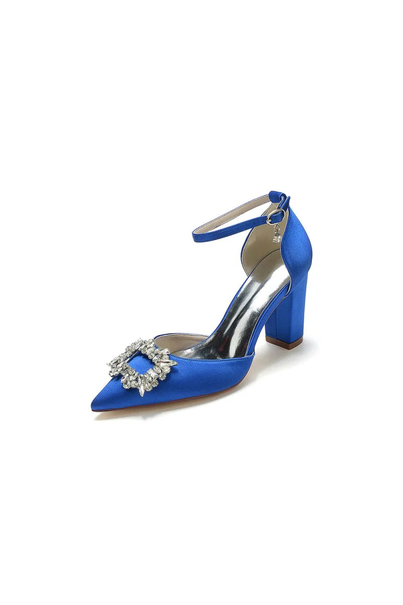 Rhinestone Pointed Toe Ankle Strap Buckle Chunky Heel