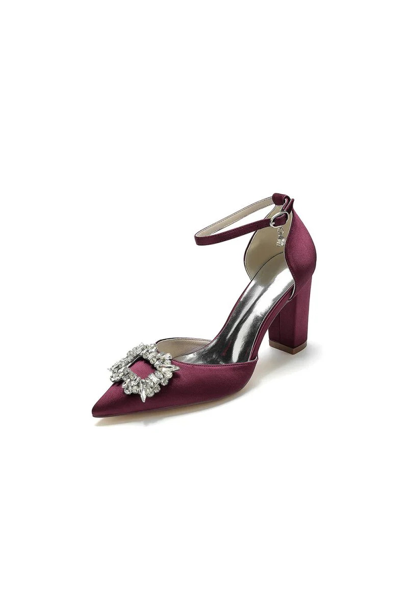 Rhinestone Pointed Toe Ankle Strap Buckle Chunky Heel