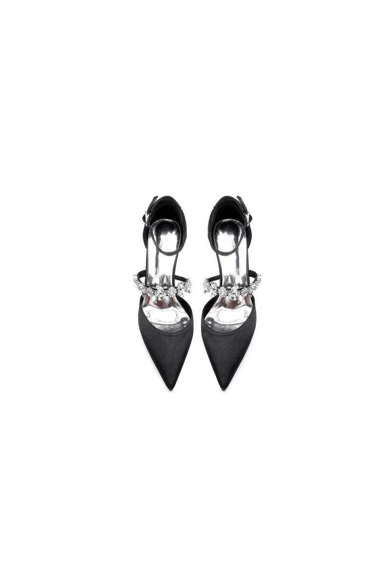 Crystal Strap Pointed Toe Satin Kitten Heels