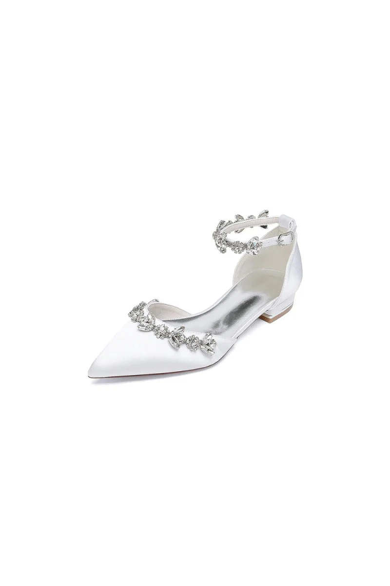 Pointed Toe Rhinestone Beaded Ankle Strap Kitten Heels
