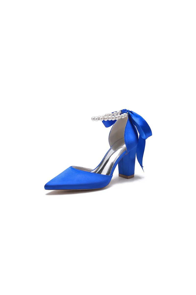 Pearl Ribbon Pointed Toe Ankle Strap Chunky Heel