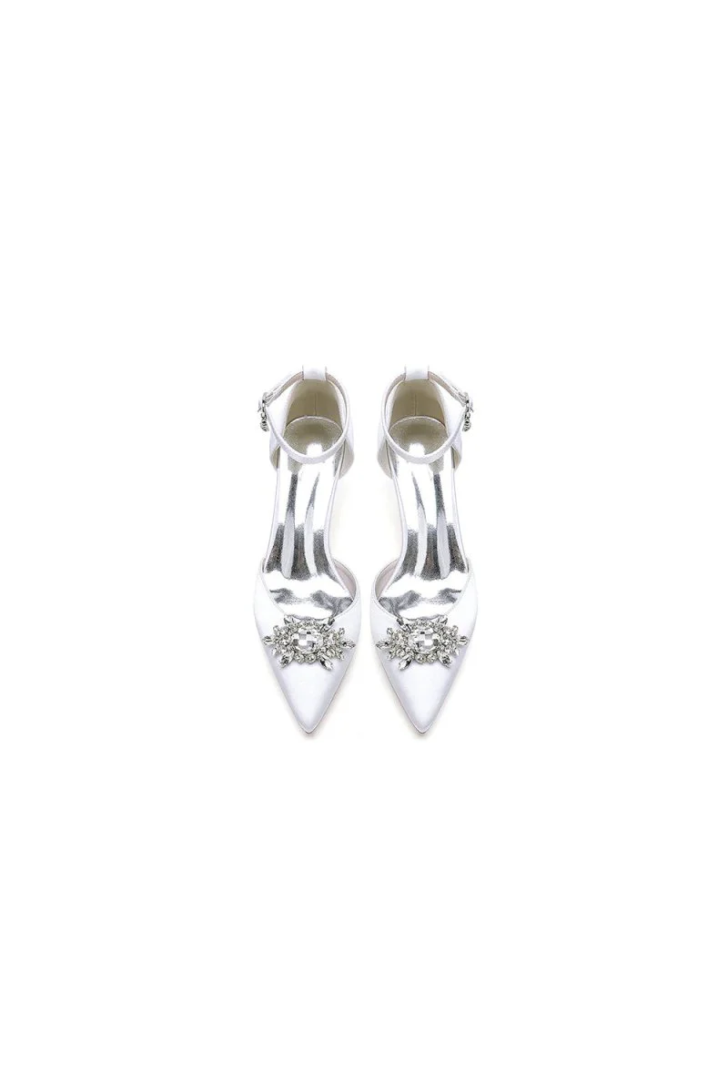 Pointed Toe Ankle Strap Chunky Heel With Rhinestone