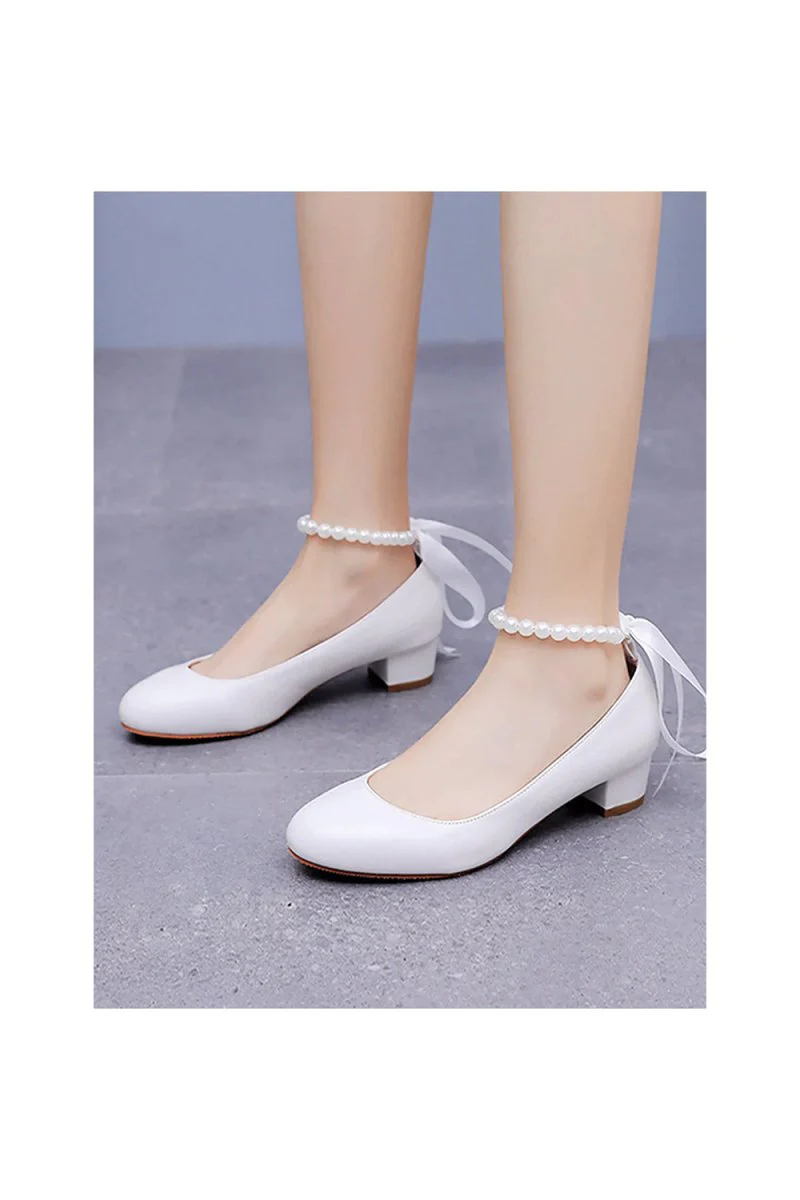Round Toe Low Chunky Heels Beaded Wedding Shoes