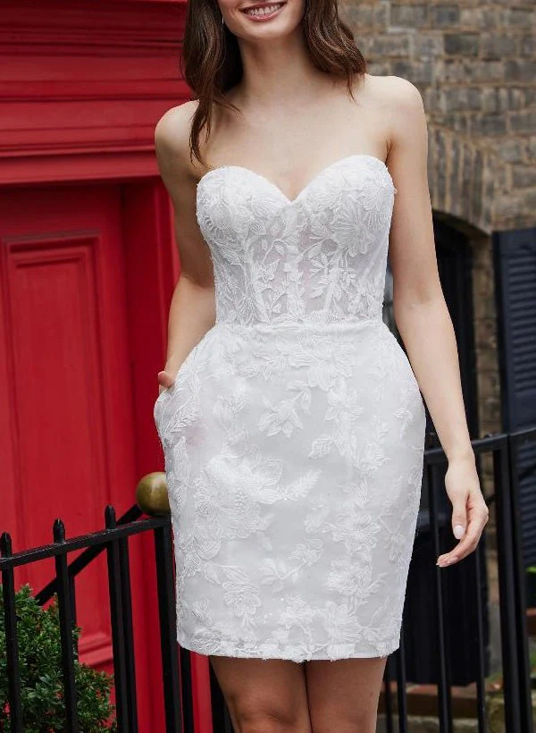 Sheath Column Sweetheart Lace Tulle Wedding Dresses With Bow(s)