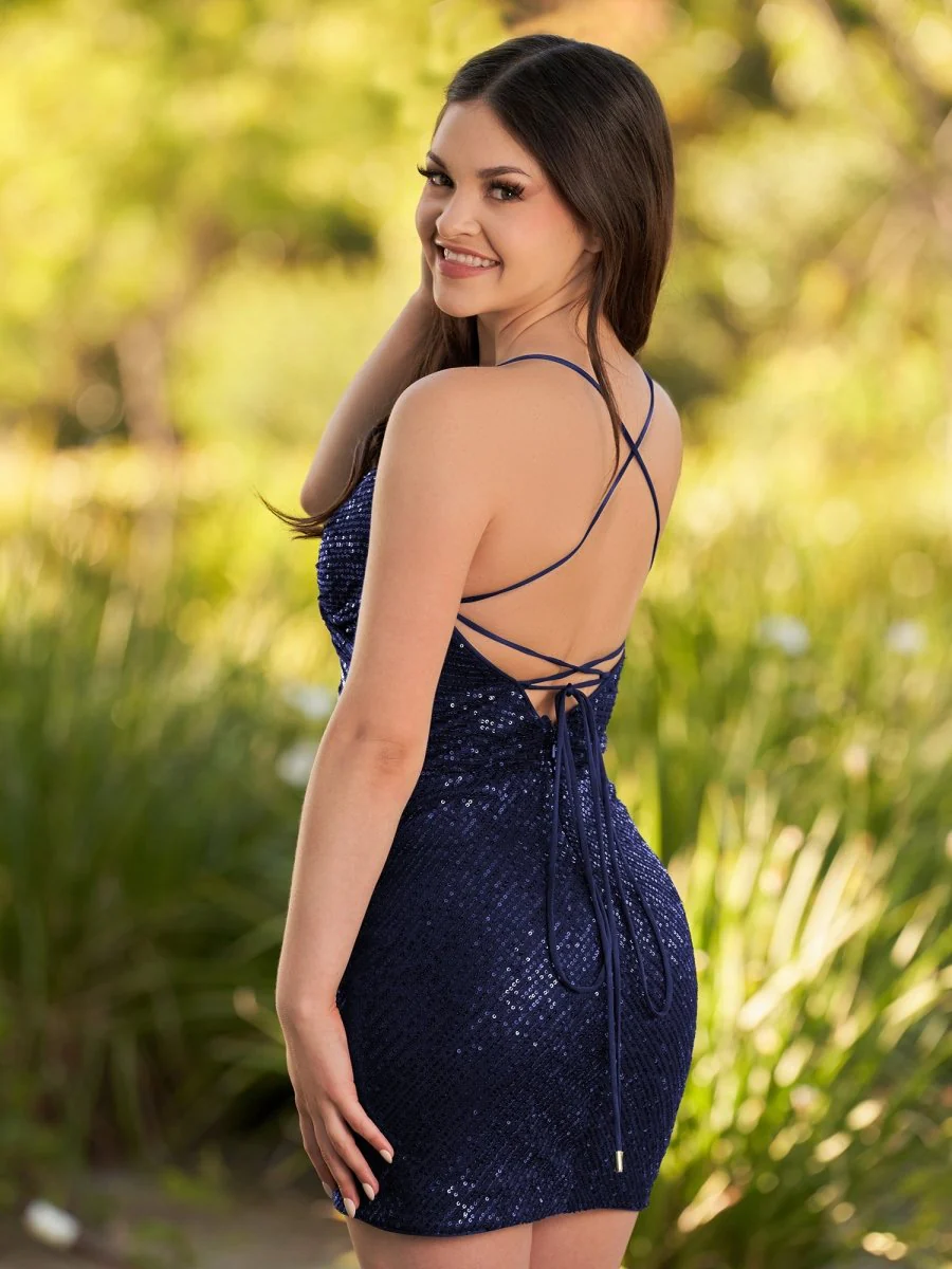 Greta | Black Sequin Lace Up Short Tight Homecoming Dress