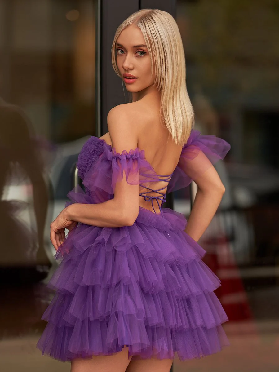 Genevra | Lavender Off-the-Shoulder Lace-Up Ruffle Tiered Homecoming Dress