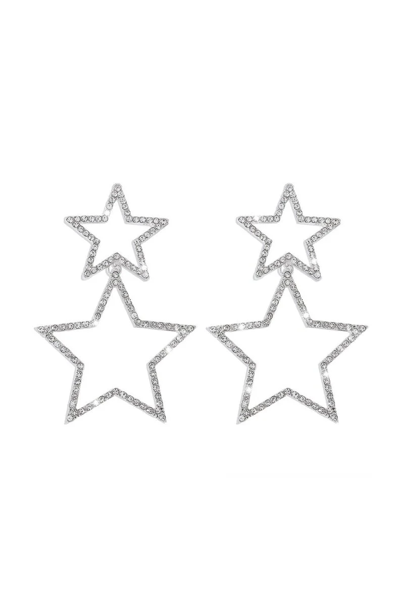 Silver Hollow Star Rhinestone Dangle Earrings