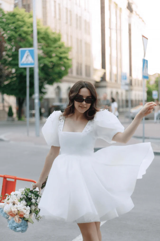 Yuna | A-Line Square-Neck Short Wedding Dress With Puffy Pearls Sleeves