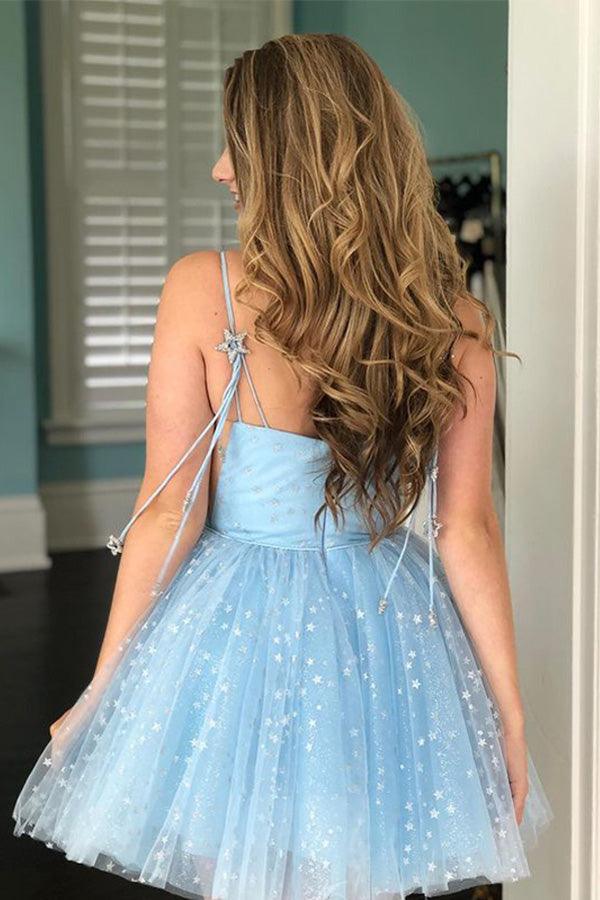 A-Line Spaghetti Straps Lace up Short Black Tulle Above Knee Homecoming Dresses