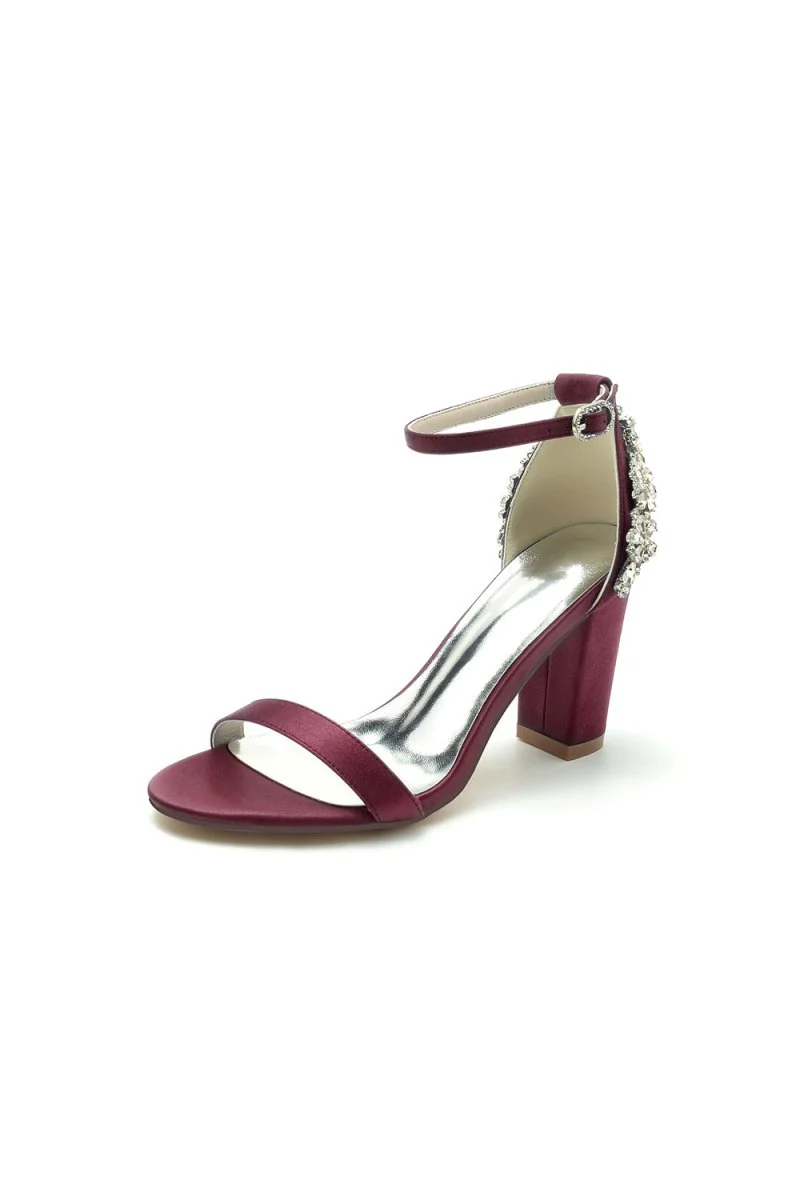 Satin Chunky Heels with Rhinestone