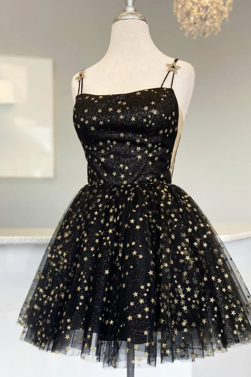 A-Line Spaghetti Straps Lace up Short Black Tulle Above Knee Homecoming Dresses