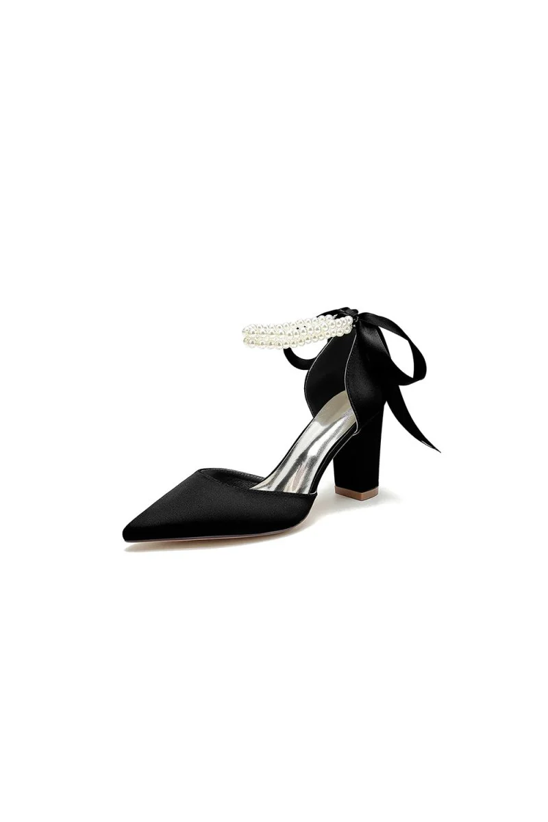 Pointed Toe Pearl Ribbon Ankle Strap Chunky Heel