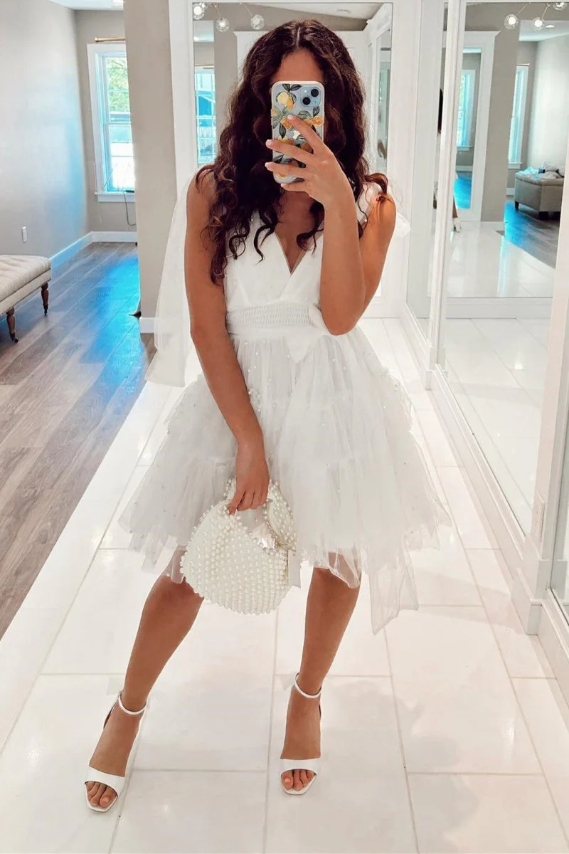 Lennon | Blush Tulle A-Line Homecoming Dress with Pearls