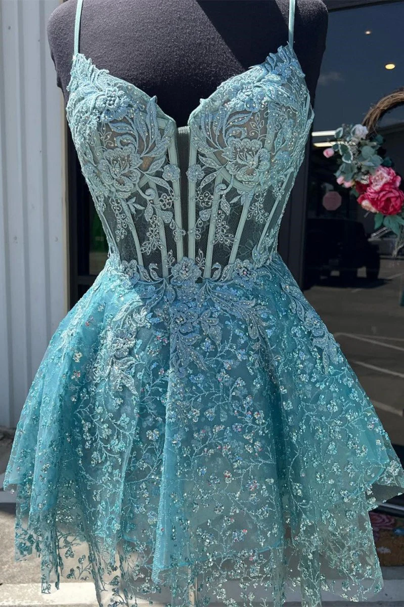 Heiden | A-Line Spaghetti Straps Short Homecoming Dress with Appliques