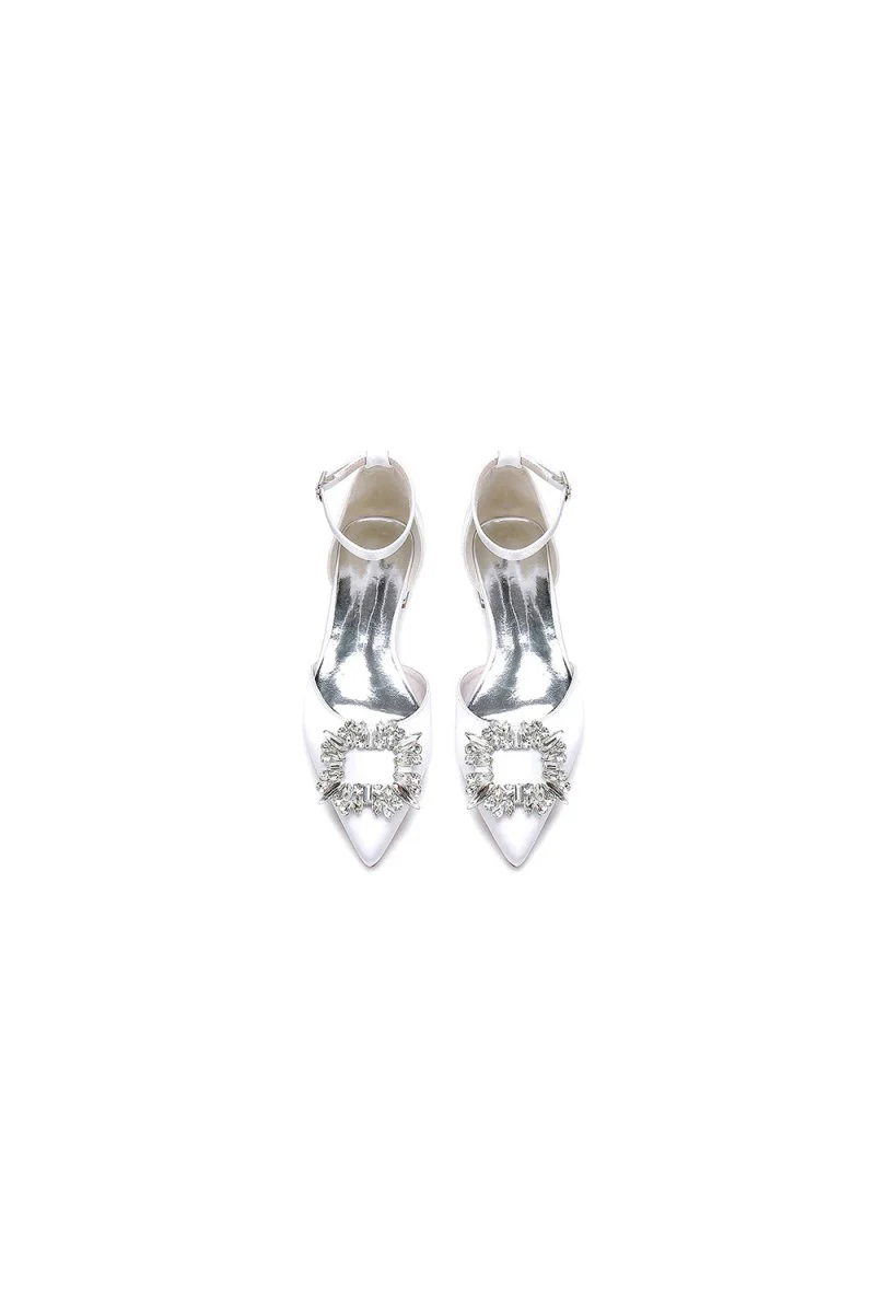Rhinestone Pointed Toe Ankle Strap Satin Kitten Heels