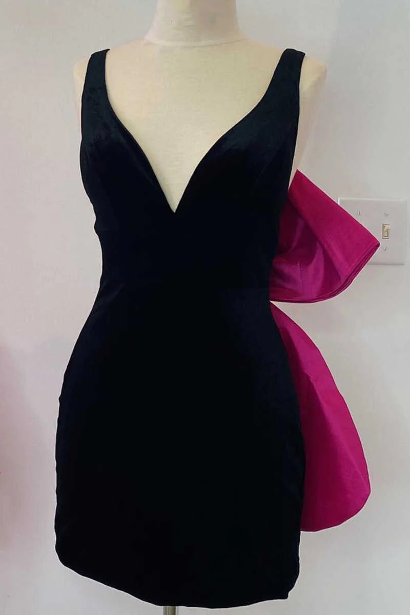 Blocca | Black Plunge V Bow Back Bodycon Mini Party Dress