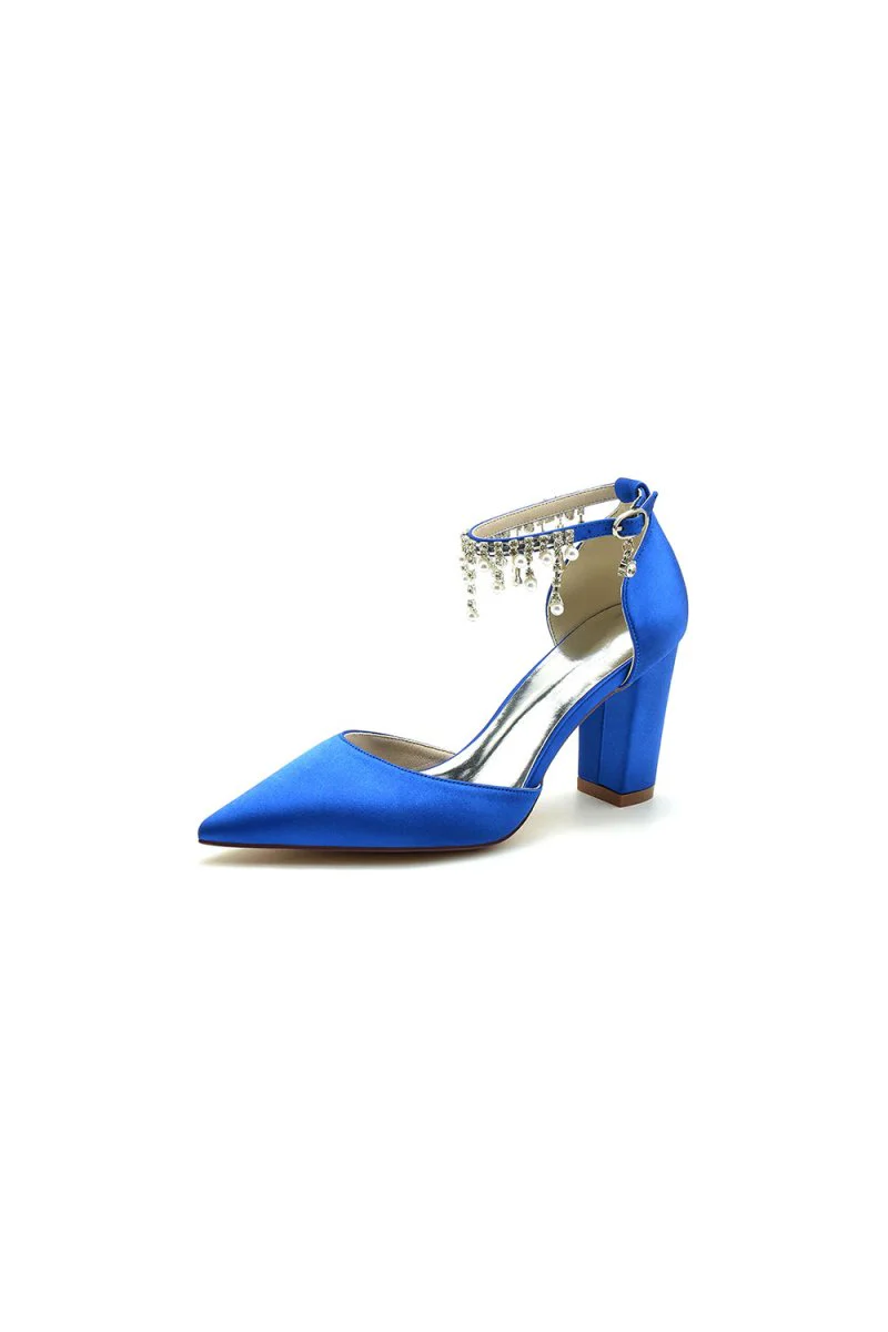 Pearl Beaded Pointed Toe Ankle Strap Chunky Heel