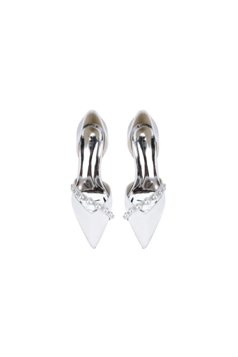 White Satin High Heels with Pearl Embellishments