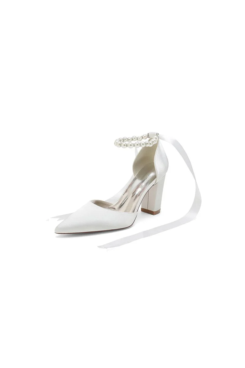 Pearl Ribbon Pointed Toe Ankle Strap Chunky Heel
