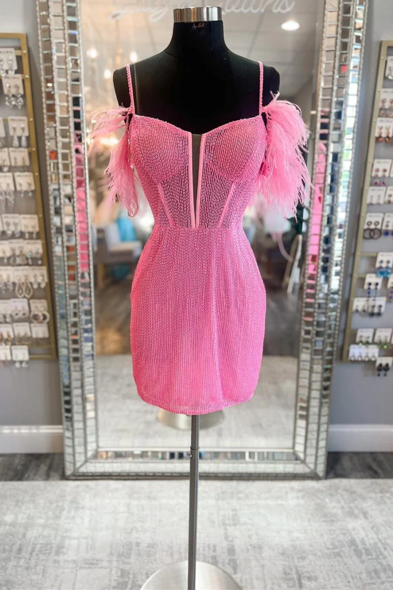 Feather Sleeve Beaded Short Homecoming Dress