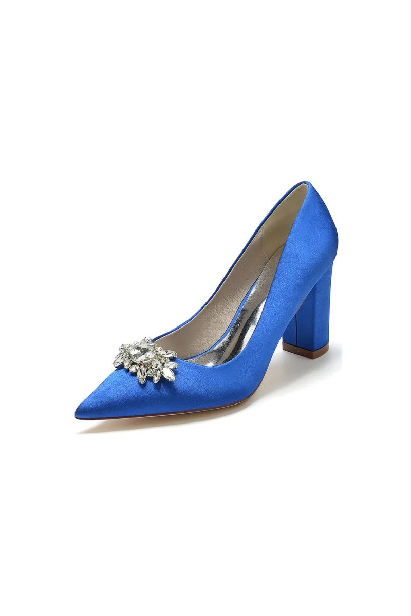 Pointed Toe Chunky Heels with Rhinestone