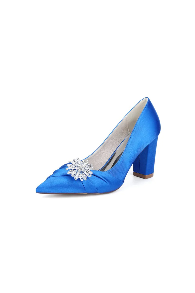 Black Satin High Heels with a Crystal Flower Accent