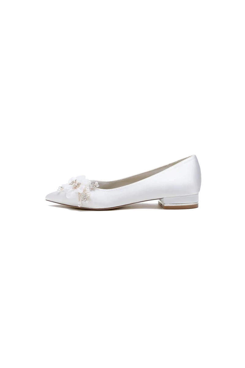 Satin Champagne Flats with Delicate Flower Embellishments