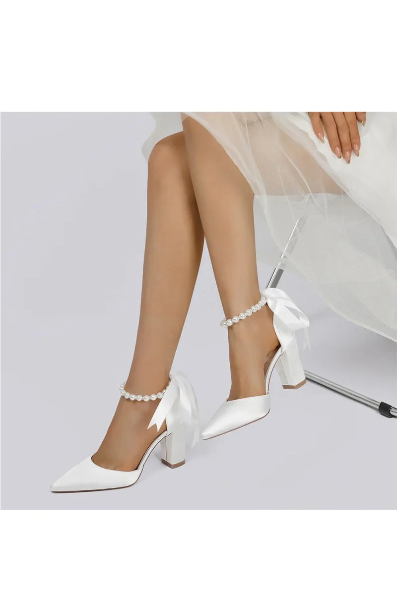 Pearl Ribbon Pointed Toe Ankle Strap Chunky Heel