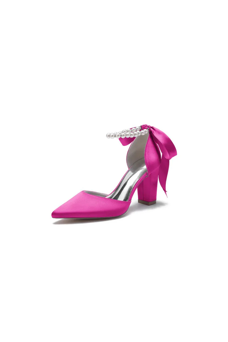 Pearl Ribbon Pointed Toe Ankle Strap Chunky Heel