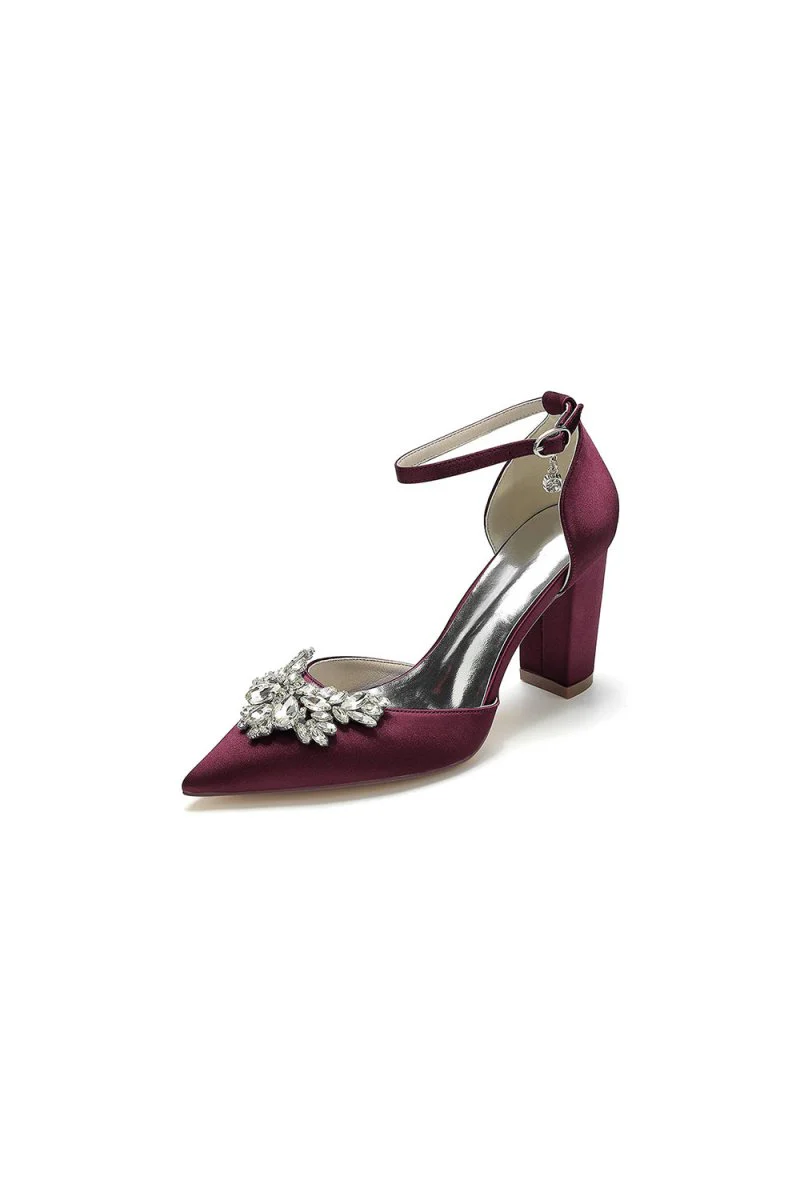 Rhinestone Pointed Toe Ankle Strap Satin Chunky Heel