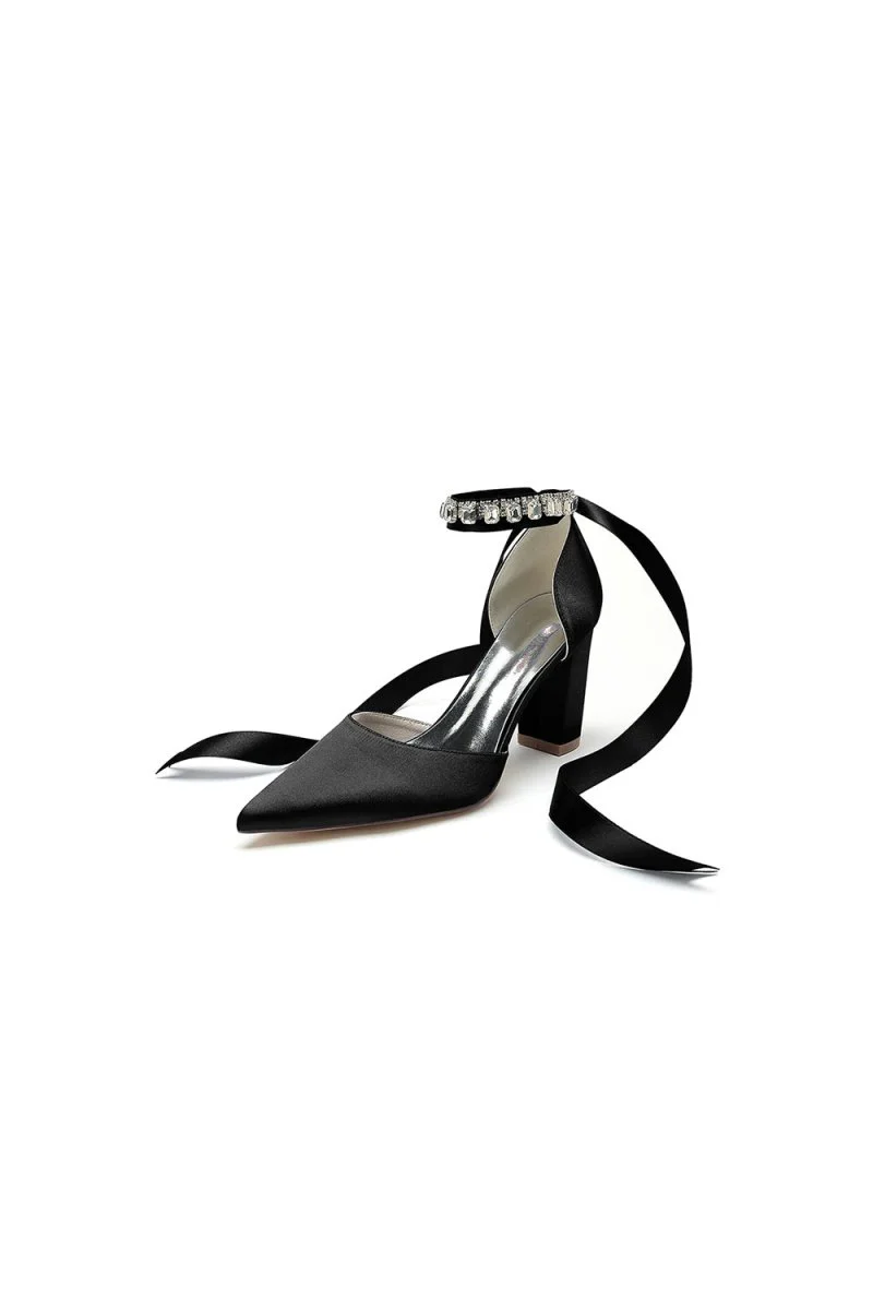 Rhinestone Ribbon Pointed Toe Ankle Strap Chunky Heel