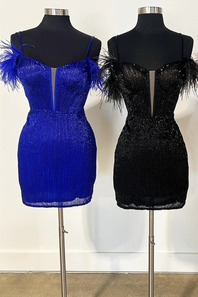Feather Sleeve Beaded Short Homecoming Dress