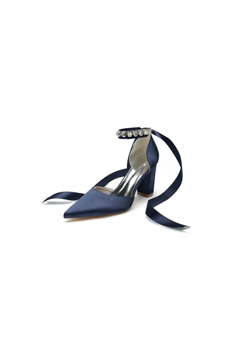 Rhinestone Ribbon Pointed Toe Ankle Strap Chunky Heel
