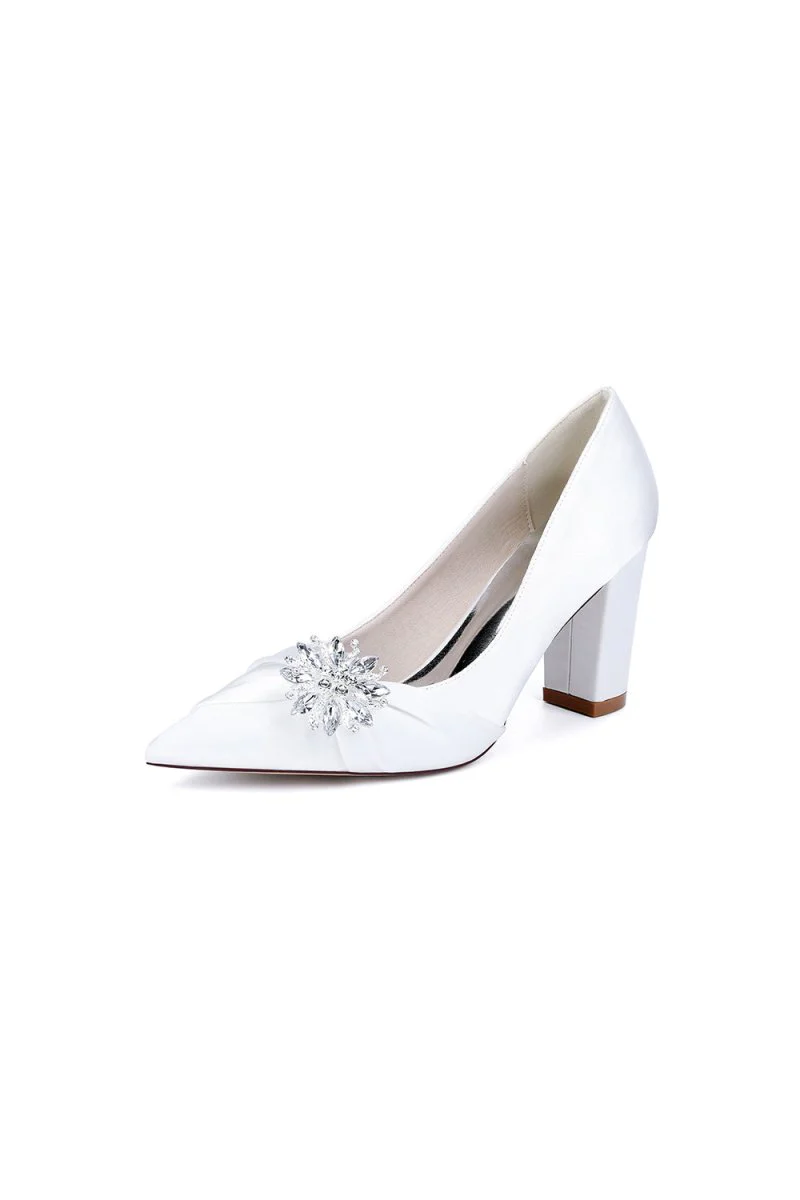 Black Satin High Heels with a Crystal Flower Accent