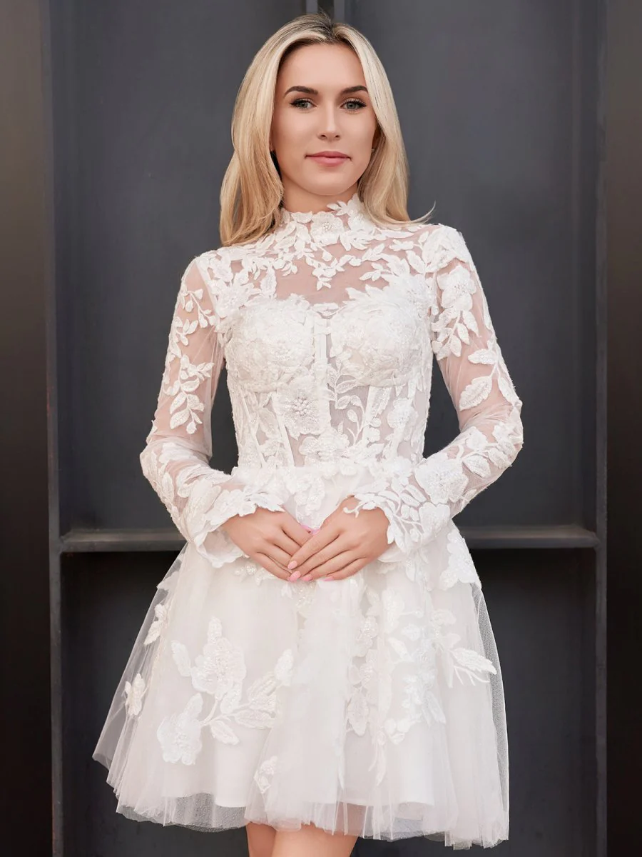 Marilla | Short White A-Line Illusion Neck Long Sleeves Lace Wedding Dresses