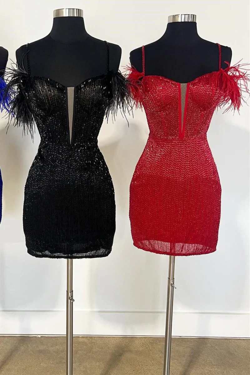 Feather Sleeve Beaded Short Homecoming Dress