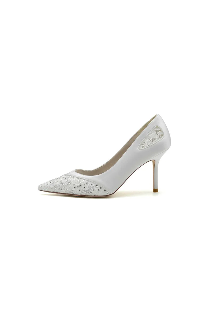 Champagne High Heels with Silver Bead and Lace Trim