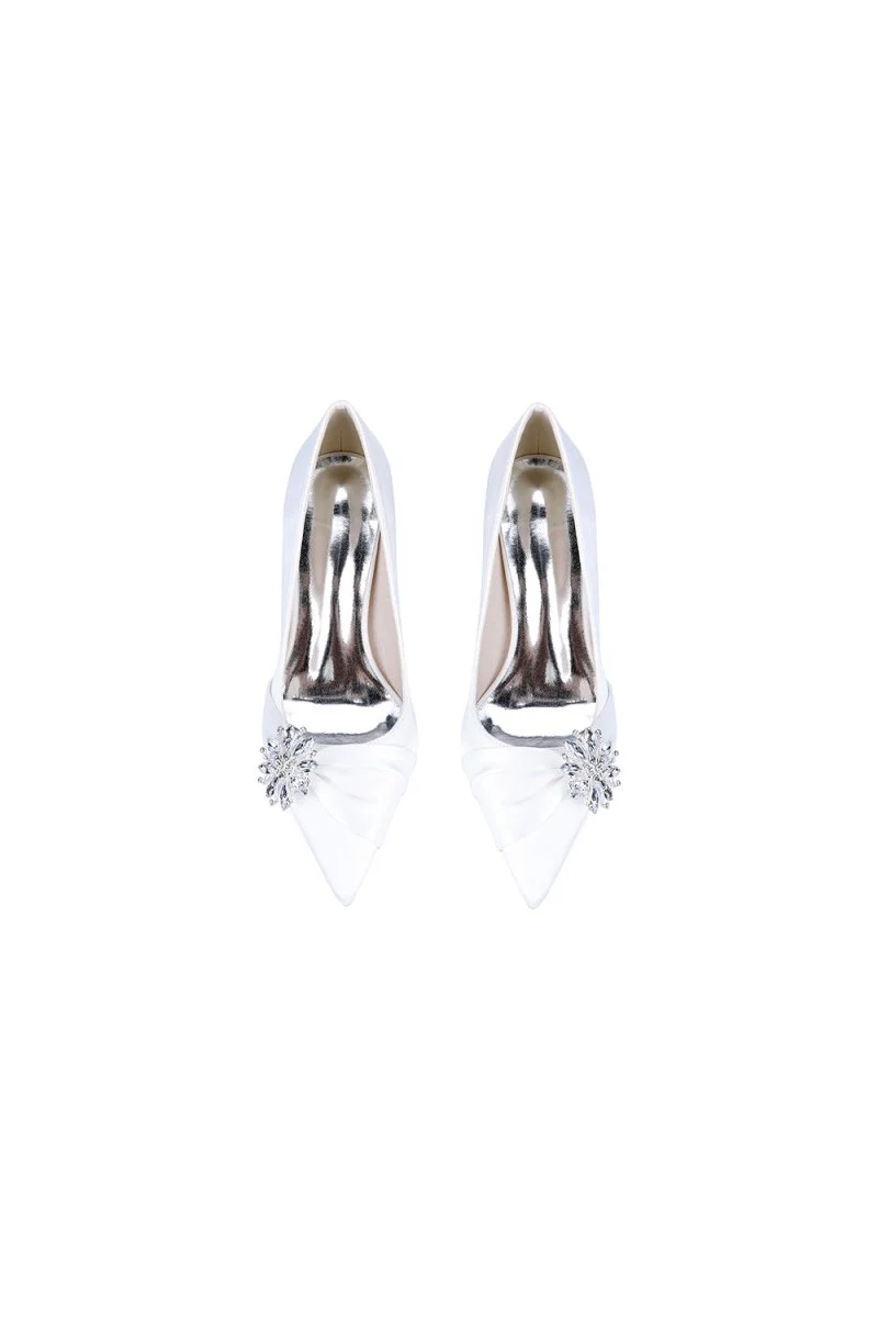 Black Satin High Heels with a Crystal Flower Accent