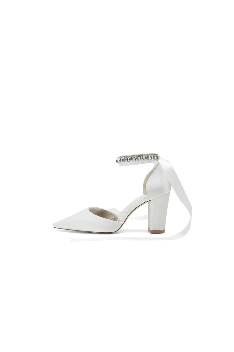 Rhinestone Ribbon Pointed Toe Ankle Strap Chunky Heel