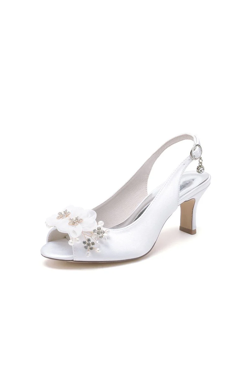 Peep Toe Slingback Beaded Chunky Wedding Shoes with Flowers