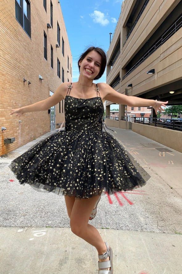 A-Line Spaghetti Straps Lace up Short Black Tulle Above Knee Homecoming Dresses