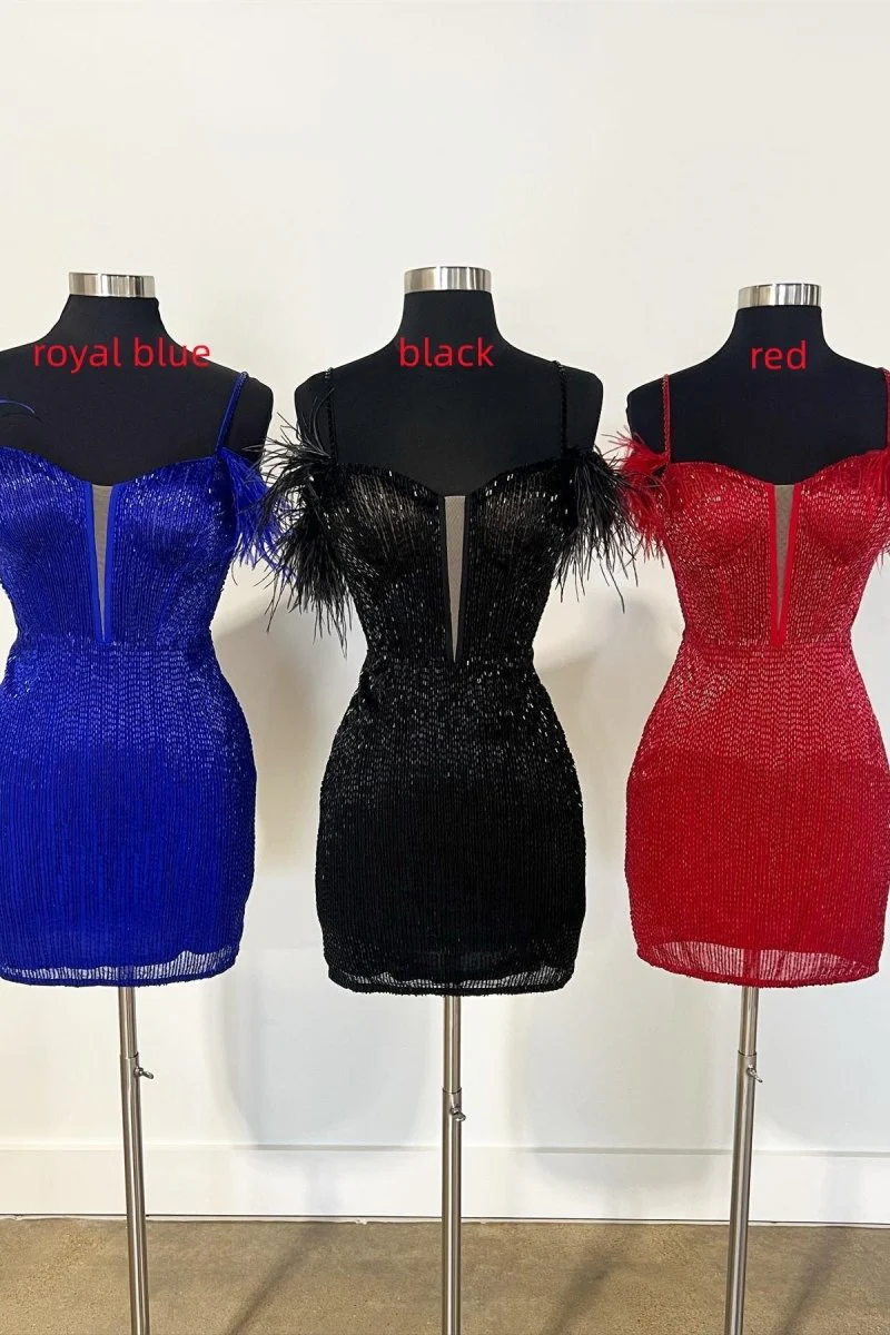 Feather Sleeve Beaded Short Homecoming Dress