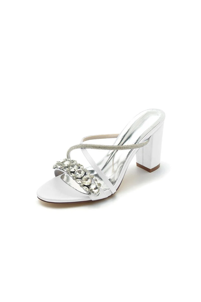 Silver Satin High Heels with Crystal and Metal Embellishments